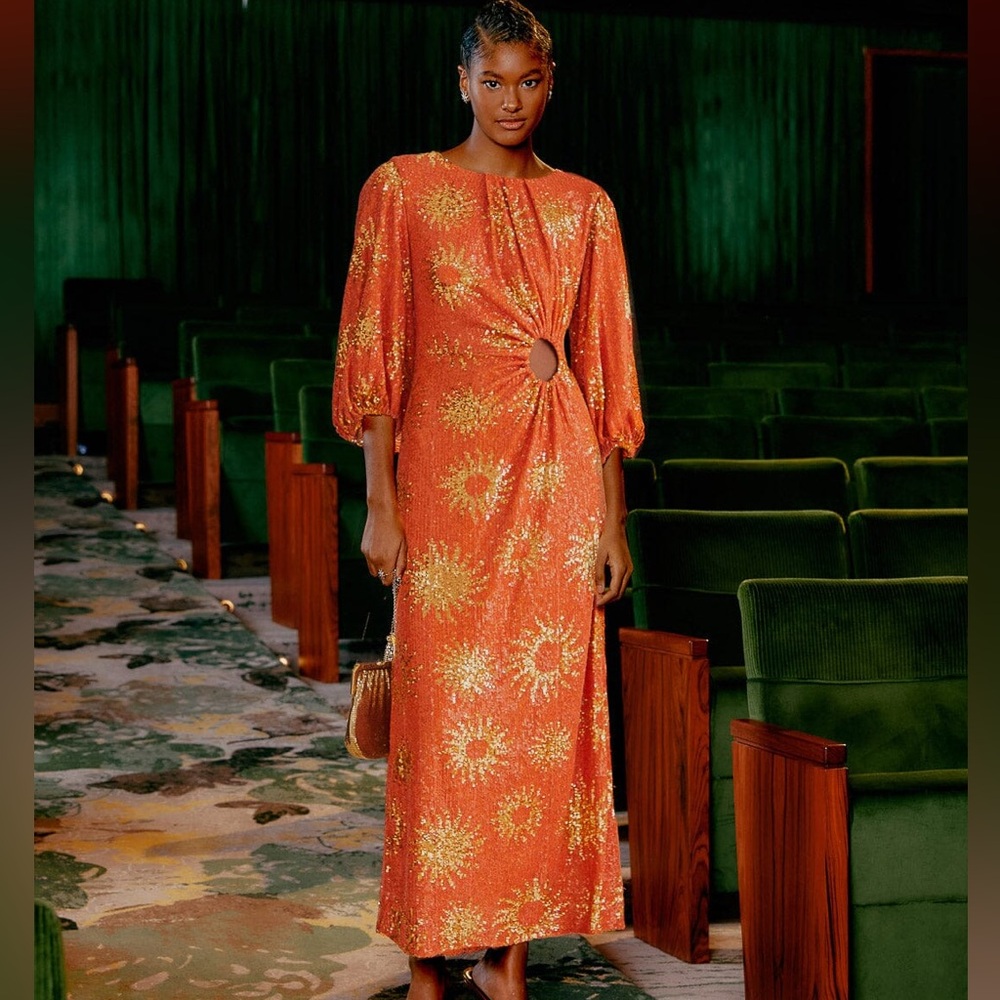 Farm Rio | Orange Sunny Mood Sequin Cut Out Midi Dress